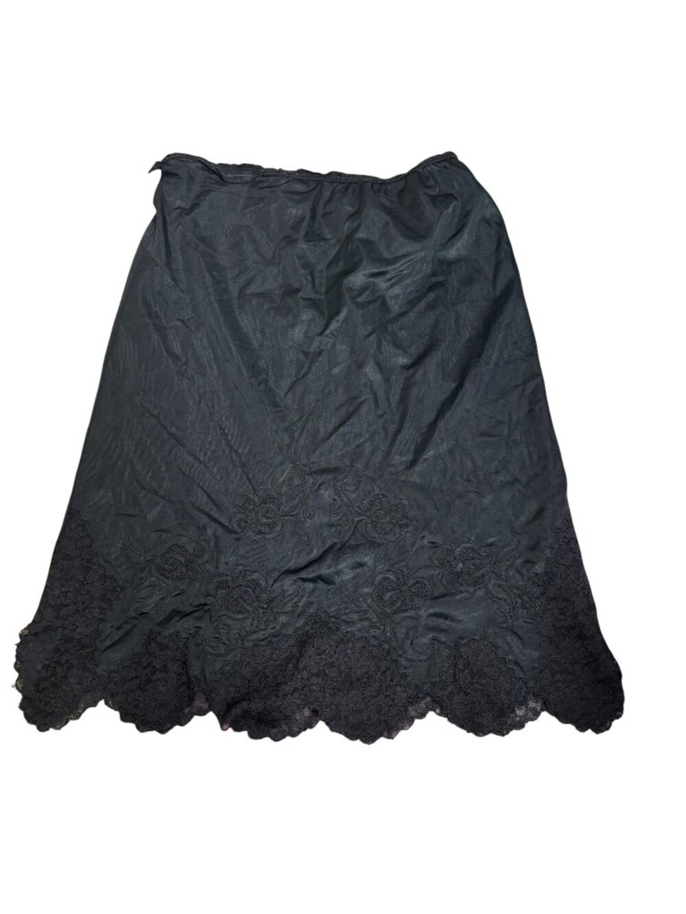 Vintage 60s Nylon Half Slip Small Black Lace Hem Floral Embroidery Elastic Waist